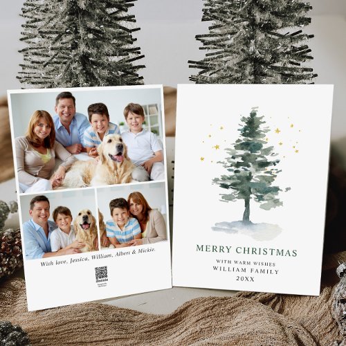 Minimalist Elegant Pine Tree Christmas 3 Photo Holiday Card