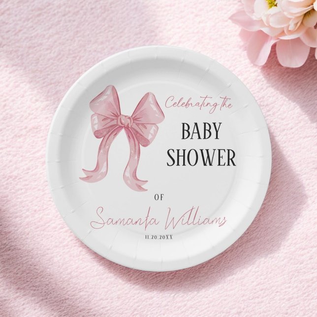 Minimalist Elegant Pink Bow Girl Baby Shower Paper Plates (Creator Uploaded)