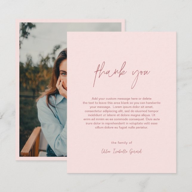 Minimalist Elegant Pink Photo Modern Funeral Thank You Card (Front/Back)
