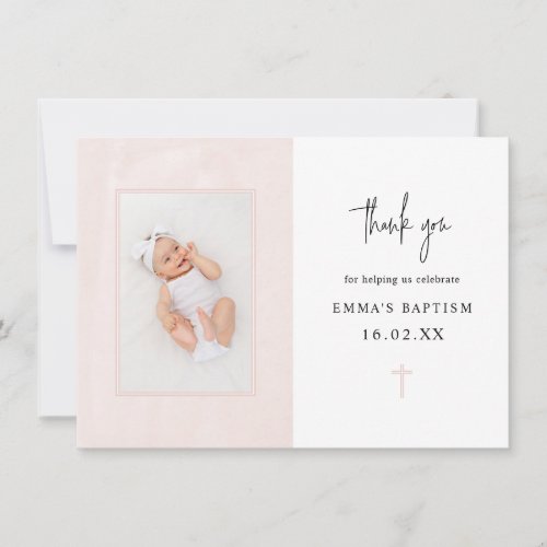 Minimalist Elegant Pink Watercolor Photo Baptism   Thank You Card