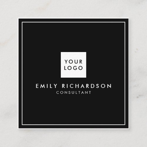 Minimalist elegant plain black white add your logo square business card