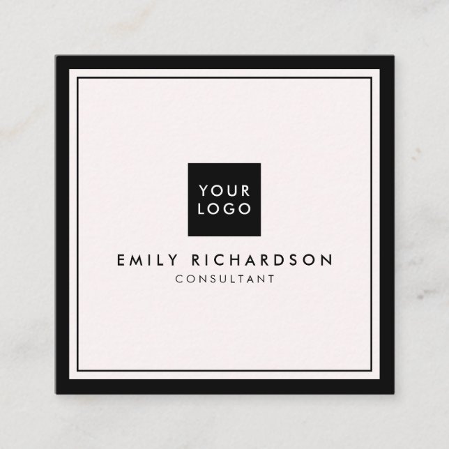 Minimalist elegant plain pink black add your logo square business card (Front)