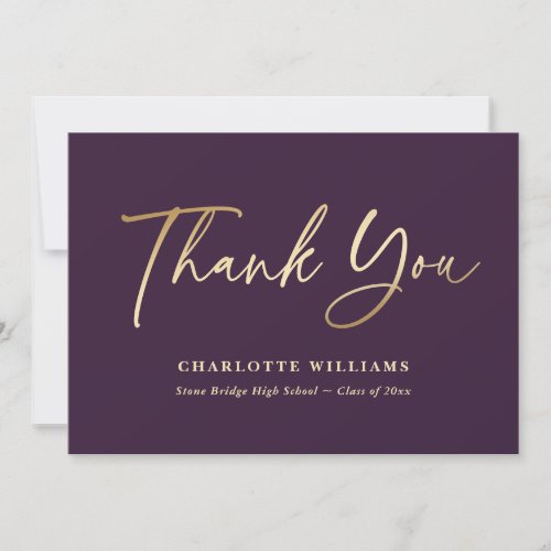 Minimalist Elegant Purple and Gold Graduation Thank You Card