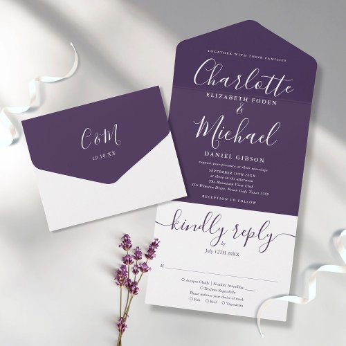 Minimalist Elegant Purple Script Wedding All In One Invitation