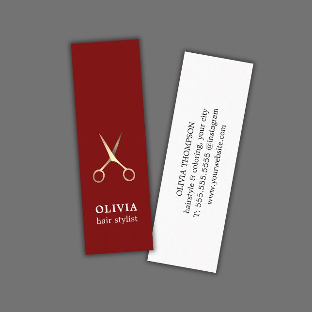 Minimalist Elegant Red Faux Gold Scissors Hair Mini Business Card (Creator Uploaded)