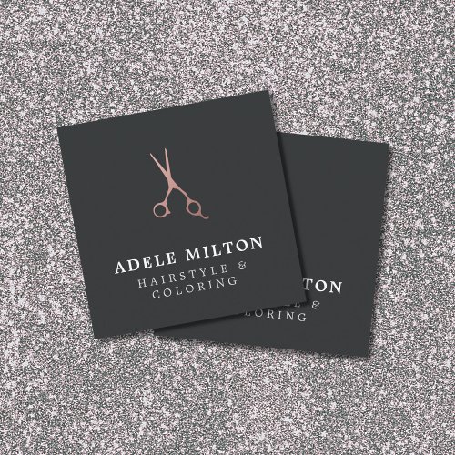 Minimalist Elegant Rose Gold Scissors Hair Stylist Square Business Card