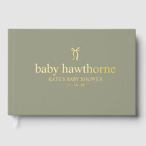 Minimalist Elegant Sage Green Bow Baby Shower Foil Guest Book