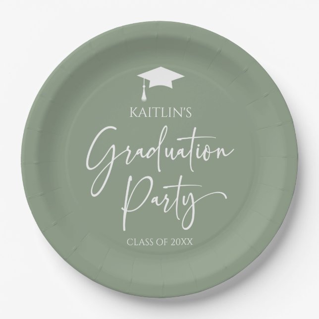 Minimalist Elegant Sage Green Graduation Party Paper Plates (Front)