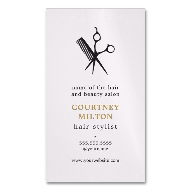 Minimalist Elegant Scissors Comb Hair Stylist Magnetic Business Card (Front Vertical)