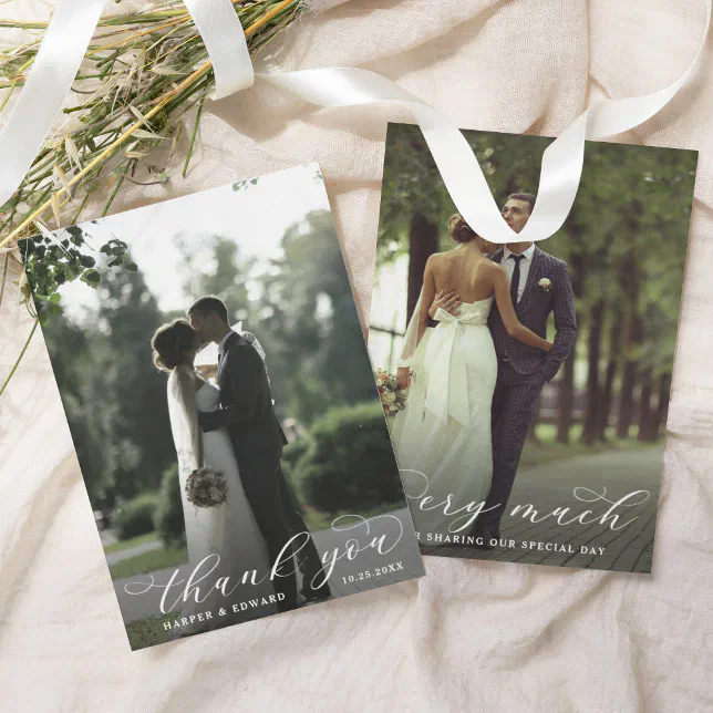 Minimalist Elegant Script 2 Photo Wedding Thank You Card | Zazzle