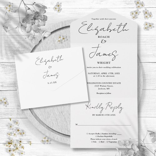 Minimalist Elegant Script Black And White Wedding All In One Invitation