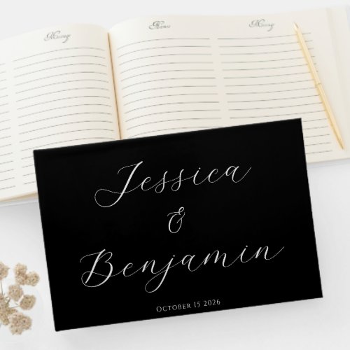 Minimalist Elegant Script Black Background Custom Guest Book