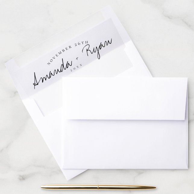 Minimalist Elegant Script Black & White Wedding Envelope Liner (Desk)