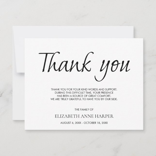 Minimalist Elegant Script Funeral Thank You Card (Front)