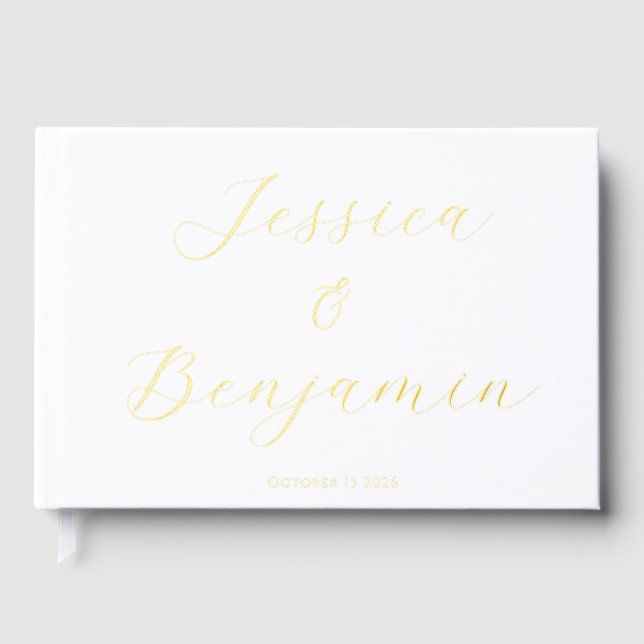 Minimalist Elegant Script Gold Foil Custom White Foil Guest Book (Front)