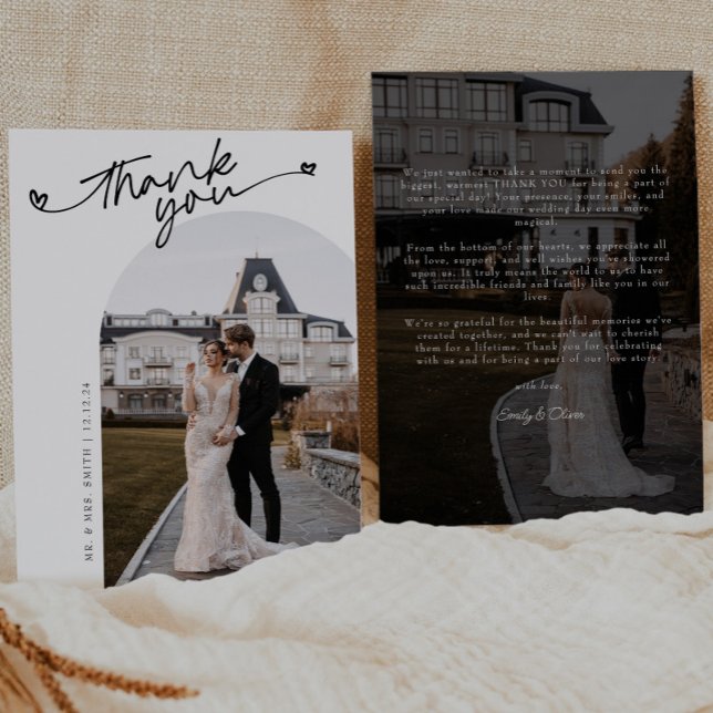 Minimalist Elegant Script Heart Photo Wedding Thank You Card (Creator Uploaded)