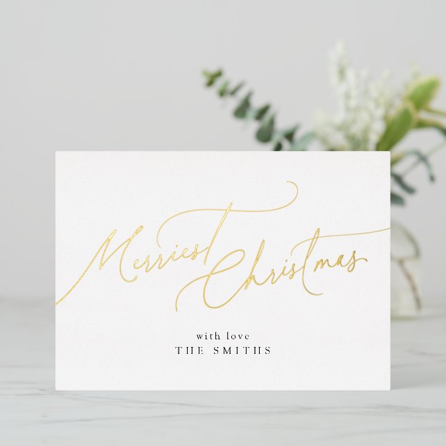 Minimalist Elegant Script Merriest Christmas Foil Holiday Card (Standing Front)