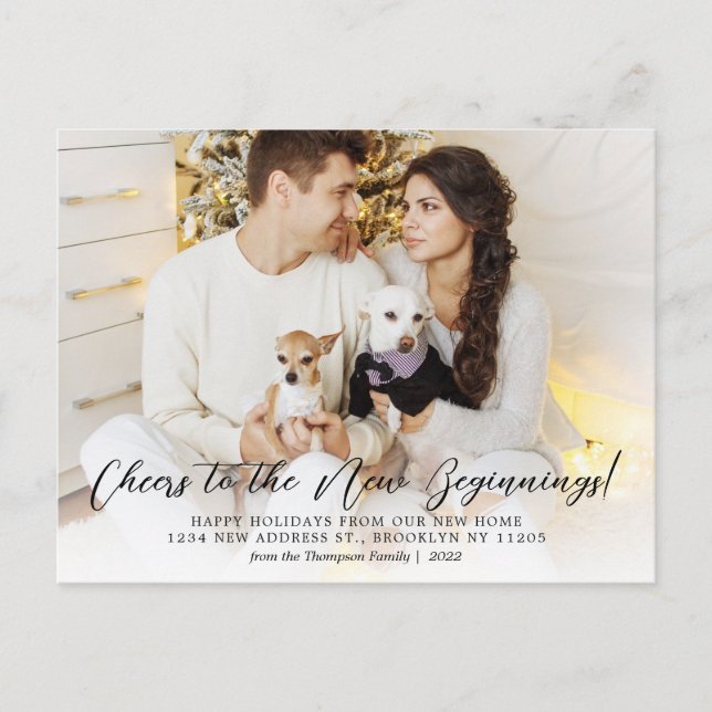 Minimalist Elegant Script Photo Holiday Moving Announcement Postcard (Front)