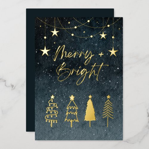 Minimalist Elegant Script Pine Trees Christmas Foil Holiday Card