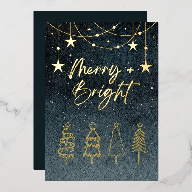 Minimalist Elegant Script Pine Trees Christmas Foil Holiday Card (Front/Back)