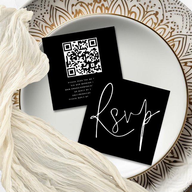 Minimalist Elegant Script QR Black Wedding RSVP Enclosure Card (Front and back view)