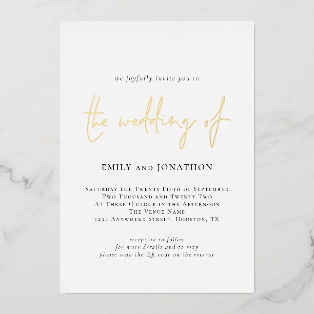 Minimalist Elegant Script QR Code Wedding Real Foil Invitation (Front)
