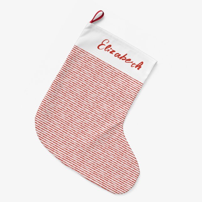 Minimalist Elegant Script Red Stripe Pattern Large Christmas Stocking (Front (Hanging))