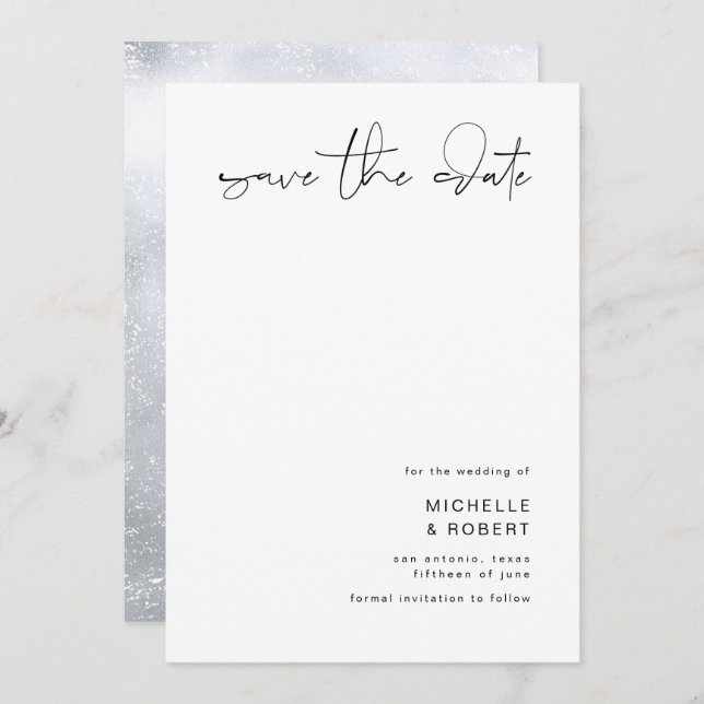Minimalist Elegant Script Silver Save The Date Invitation (Front/Back)
