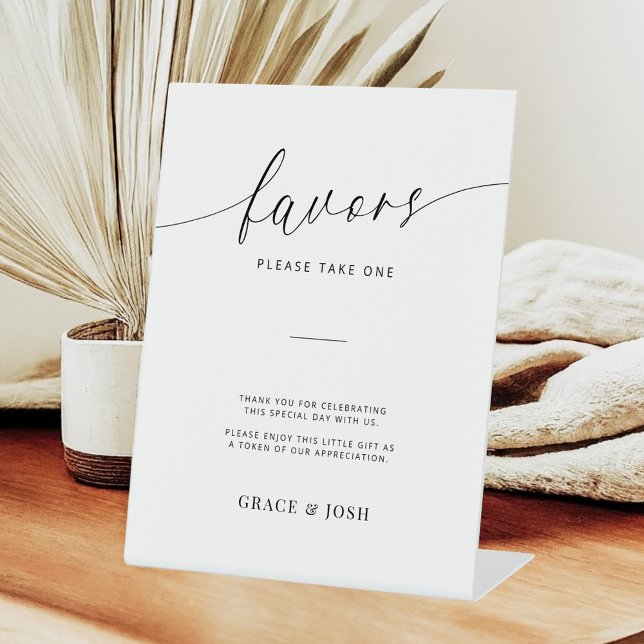 Minimalist Elegant Script Wedding Favors Pedestal Sign (Creator Uploaded)