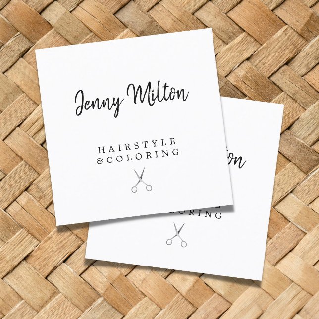 Minimalist Elegant Silver Scissors Hairstylist Square Business Card (Creator Uploaded)