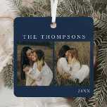 Minimalist Elegant Simple 4 Photo Blue Christmas Metal Ornament<br><div class="desc">Celebrate this holiday season with the Minimalist Elegant Simple 4 Photo Blue Christmas Metal Ornament, a personalized, shatterproof keepsake perfect for sharing your favorite memories. Featuring space for four photos on a double-sided design, this modern ornament combines elegance with practicality. Its deep blue backdrop and minimalist layout allow your photos...</div>