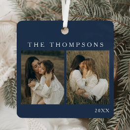 Minimalist Elegant Simple 4 Photo Blue Christmas Metal Ornament