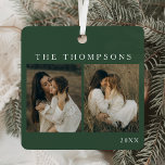 Minimalist Elegant Simple 4 Photo Moss Christmas Metal Ornament<br><div class="desc">Celebrate your cherished memories with the Minimalist Elegant Simple 4-Photo Moss Christmas Metal Ornament. This beautiful ornament showcases four of your favorite photos in a clean, modern layout against a soft moss green background, creating a timeless and personalized touch for your holiday decor. Designed as a custom photo collage ornament,...</div>
