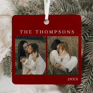 Minimalist Elegant Simple 4 Photo Red Christmas Metal Ornament
