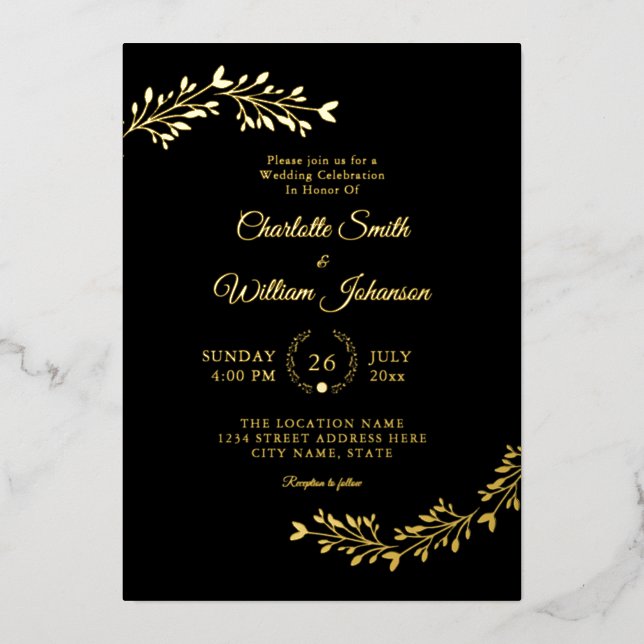 Minimalist Elegant Simple Black Gold Floral Foil Invitation (Front)