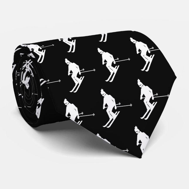 Minimalist Elegant Skiers Winter Black White Neck Tie (Rolled)