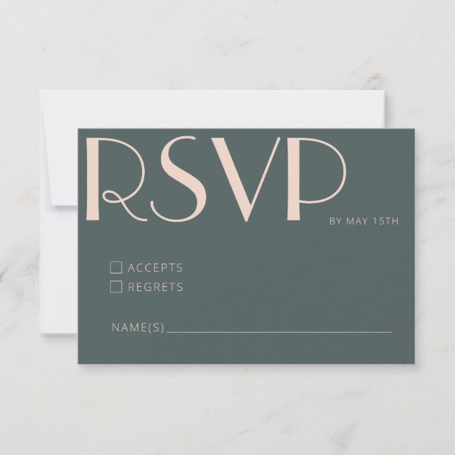 Minimalist Elegant Teal and Blush Art Deco Wedding RSVP Card (Front)