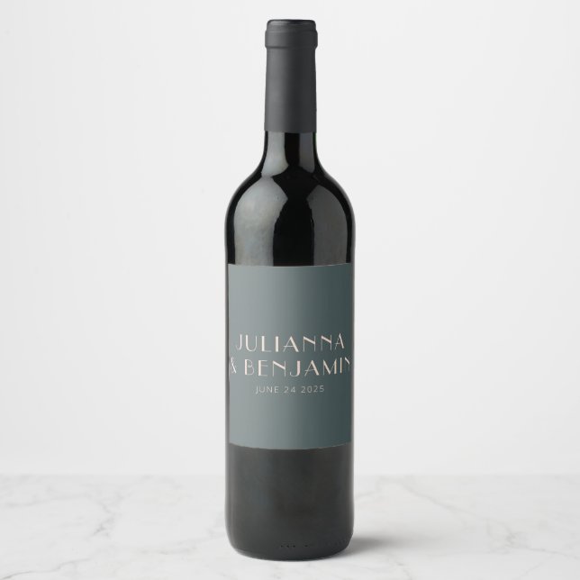 Minimalist Elegant Teal and Blush Custom Wedding Wine Label (Front)