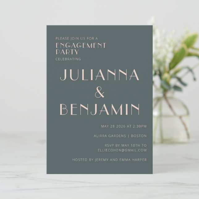 Minimalist Elegant Teal and Blush Engagement Party Invitation (Standing Front)