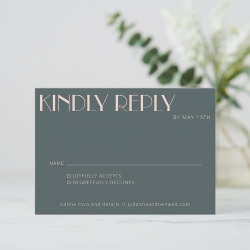 Minimalist Elegant Teal Blush Art Deco Wedding  RSVP Card