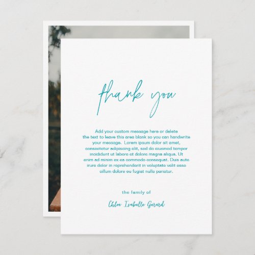 Minimalist Elegant Turquoise Photo Modern Funeral Thank You Card