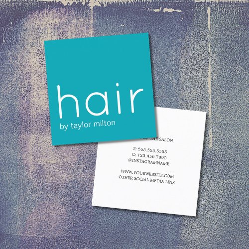 Minimalist Elegant Turquoise White Hair Stylist Square Business Card