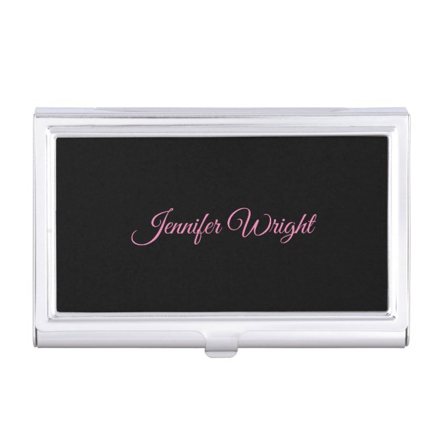 Minimalist elegant unique modern plain black pink business card case (Front)