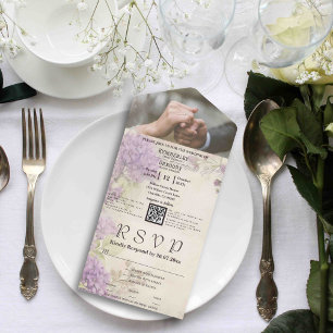 Minimalist Elegant Vintage Lilac QR Code Photo All In One Invitation