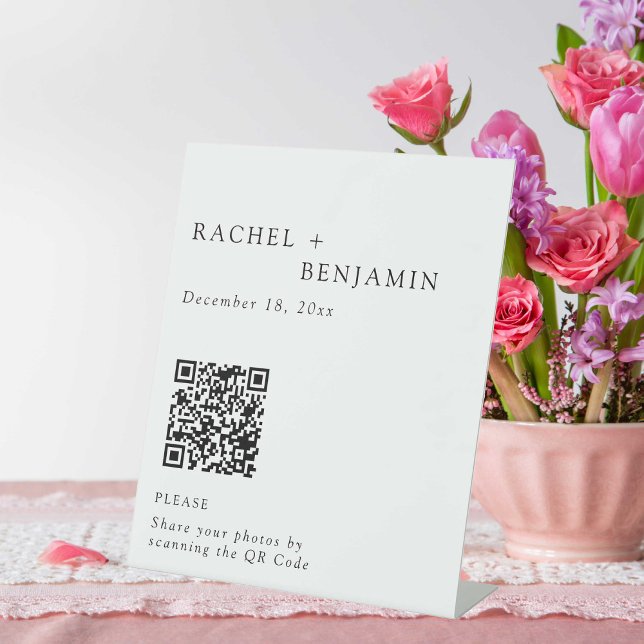 Minimalist Elegant Wedding Photo Share QR Code Pedestal Sign (Creator Uploaded)