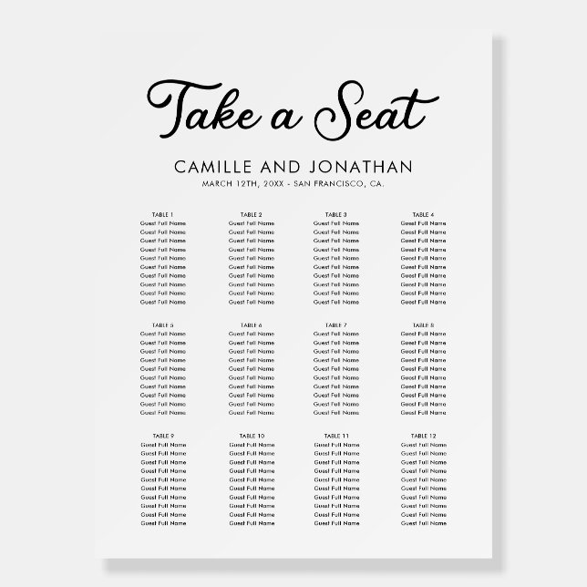 Minimalist Elegant Wedding Seating Chart Foam Board (Front)