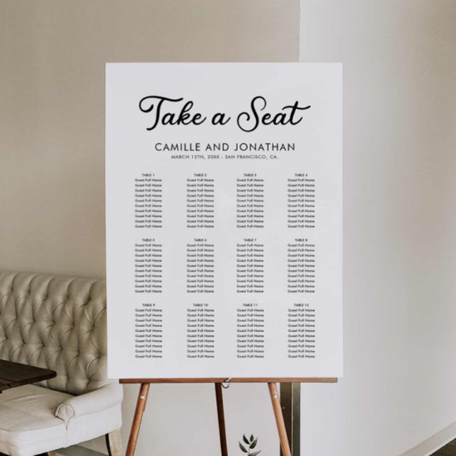 Minimalist Elegant Wedding Seating Chart Foam Board (Modern Black and white Wedding seating chart)