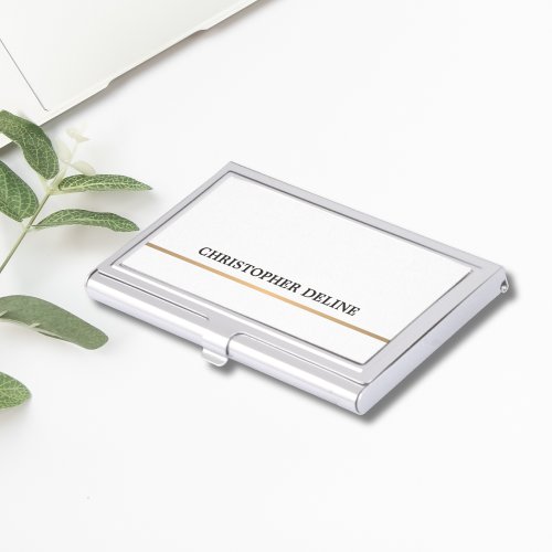 Minimalist Elegant White Faux Copper Line Business Card Case