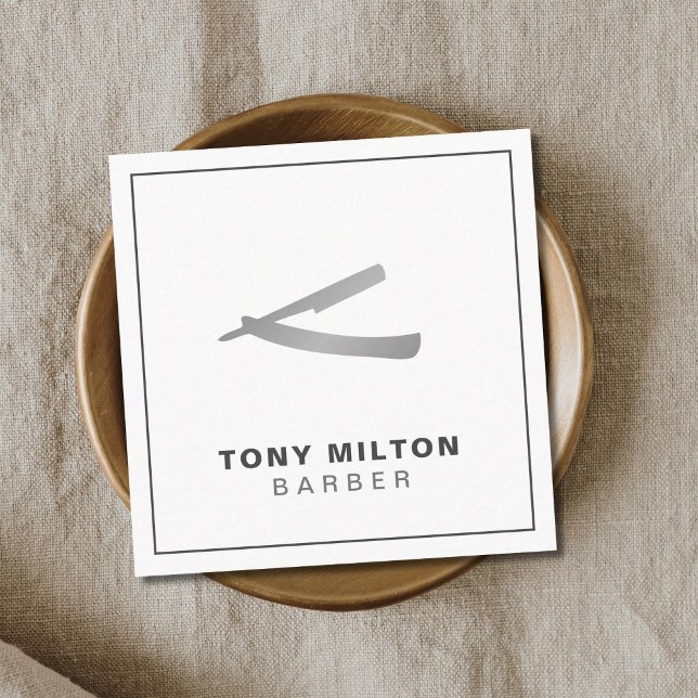 Minimalist Elegant White Faux Silver Razor Barber Square Business Card (Creator Uploaded)