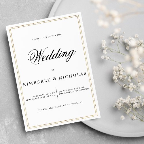 Minimalist elegant white gold classic wedding invitation